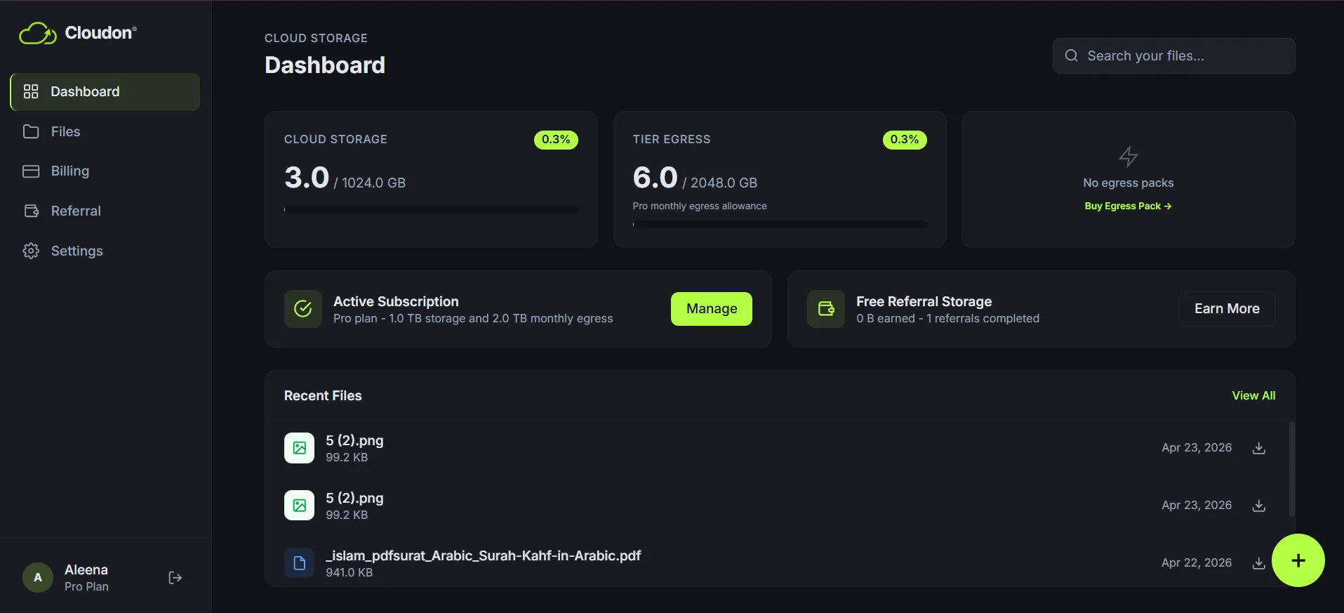 The Cloudon dashboard — sidebar with Dashboard / Files / Sell / Billing / Settings, Cloud Storage and Tier Egress usage cards, and a Recent Files list.