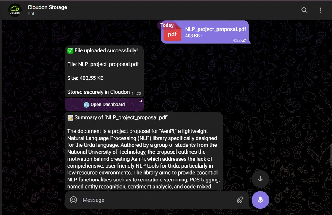 Cloudon chat — a PDF arrives and the AI replies with a structured summary.